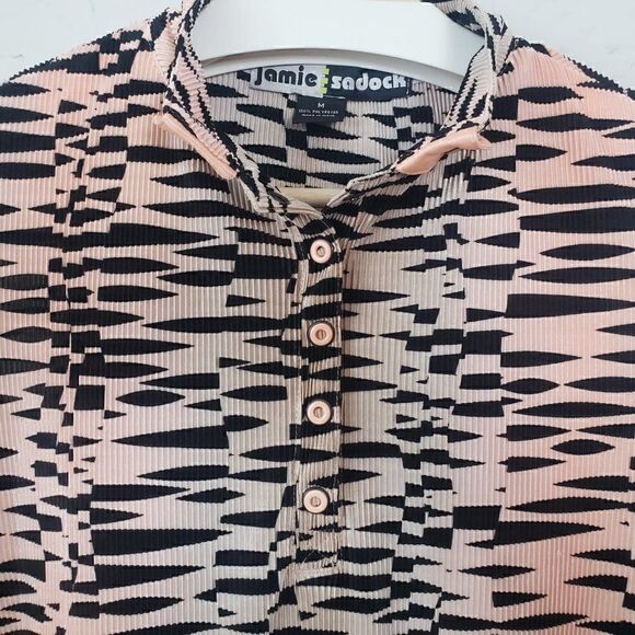 Jamie Sadock Golf Top Size M Peach Pink Black Zebra Striped Slinky Ribbed Artsy - Picture 3 of 5